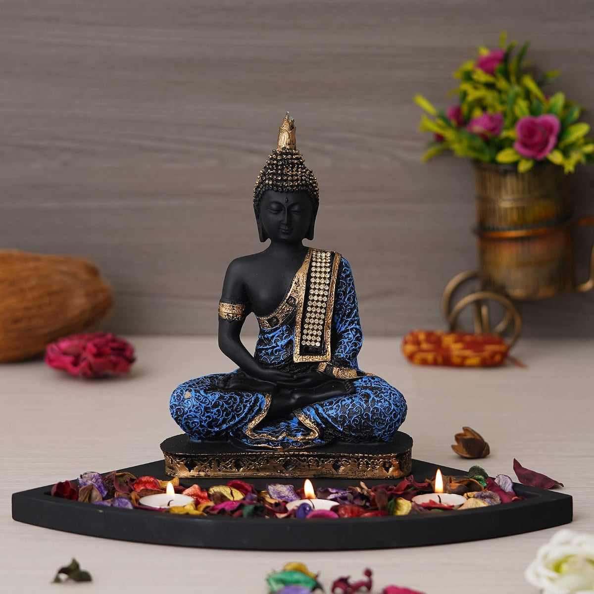 Blue Resin Meditating Lord Buddha Statue Tea Light Candle Holder| Buddha Idol Tea Light Holder Diwali Decoration Items for Home Decor Buddha Showpiece Gift for Diwali Housewarming Birthday
