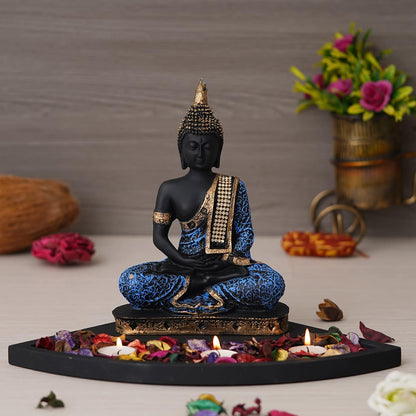 Blue Resin Meditating Lord Buddha Statue Tea Light Candle Holder| Buddha Idol Tea Light Holder Diwali Decoration Items for Home Decor Buddha Showpiece Gift for Diwali Housewarming Birthday