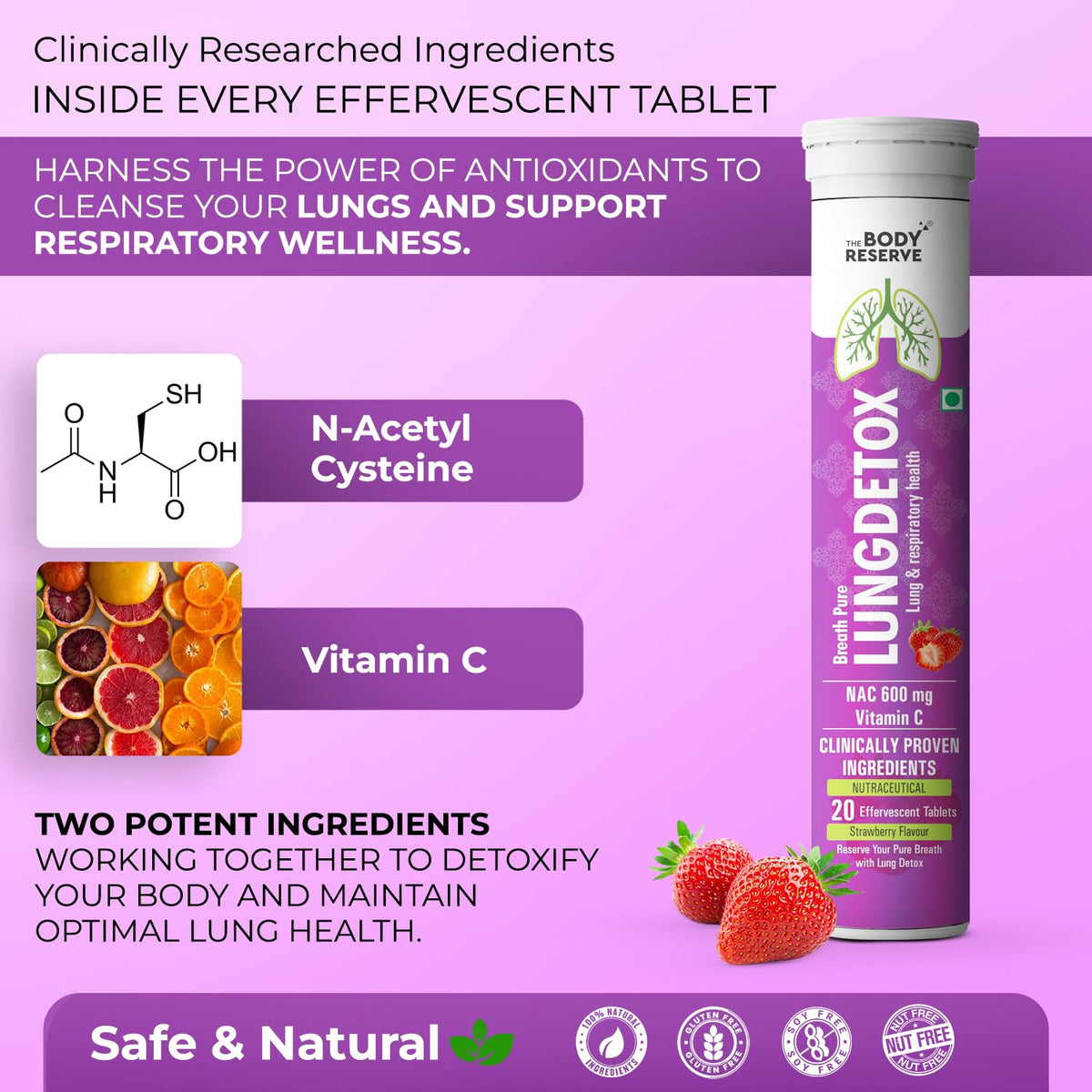Lung detox supplement packaging with ingredients and benefits on a purple background