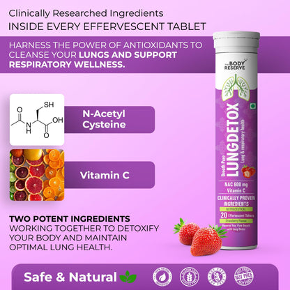 Lung detox supplement packaging with ingredients and benefits on a purple background