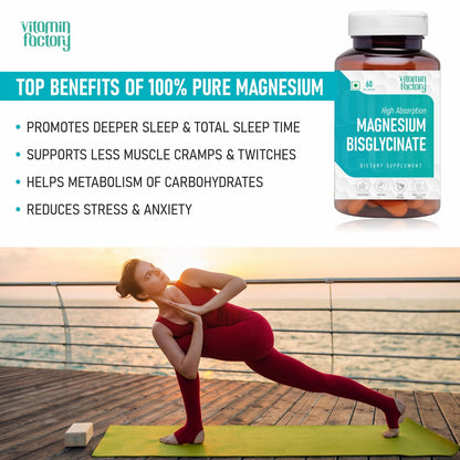 The Vitamin Factory Magnesium Bisglycinate Supplement - High Absorption Magnesium Supplements For Both Men & Women, Supports Sleep, Muscles & Nerve Health Supplements, 60 Vegetable Capsules