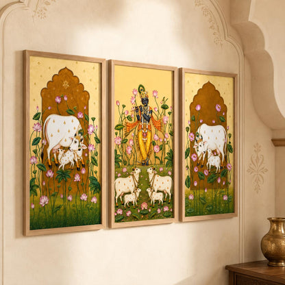 Set of 3 Krishna Cow Lotus Pichwai Wall Paintings with Sparkle Laminate, Premium Wooden Synthetic Frame, Religious Art for Living Room Pooja Temple Decor