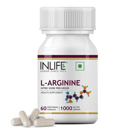 INLIFE L Arginine Capsules 1000mg Supplement | Nitric Oxide Precursor - 60 Vegetarian Capsules (Pack of 1)