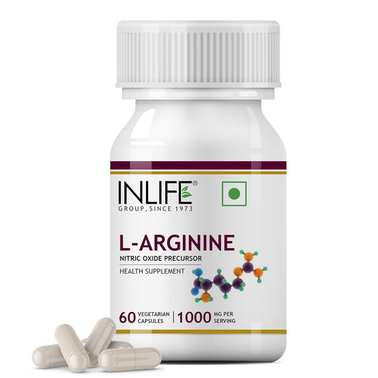 INLIFE L Arginine Capsules 1000mg Supplement | Nitric Oxide Precursor - 60 Vegetarian Capsules (Pack of 1)