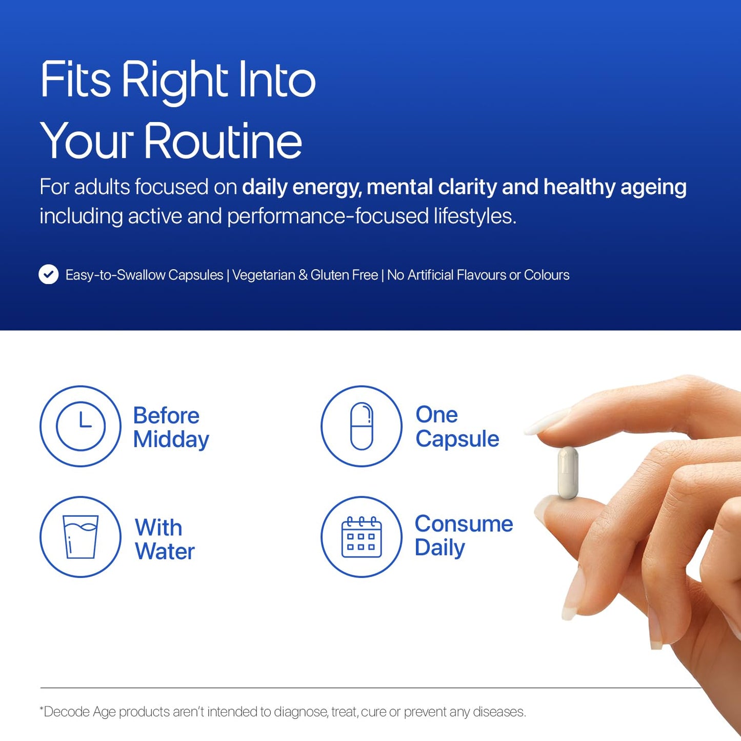 Product advertisement for a supplement with text about daily energy, mental clarity, and healthy aging.