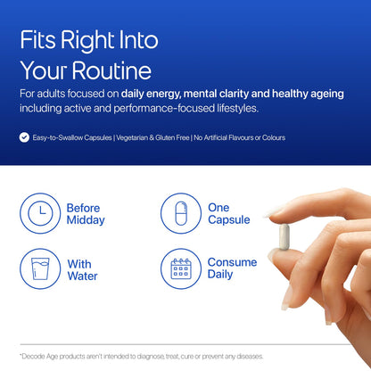 Product advertisement for a supplement with text about daily energy, mental clarity, and healthy aging.