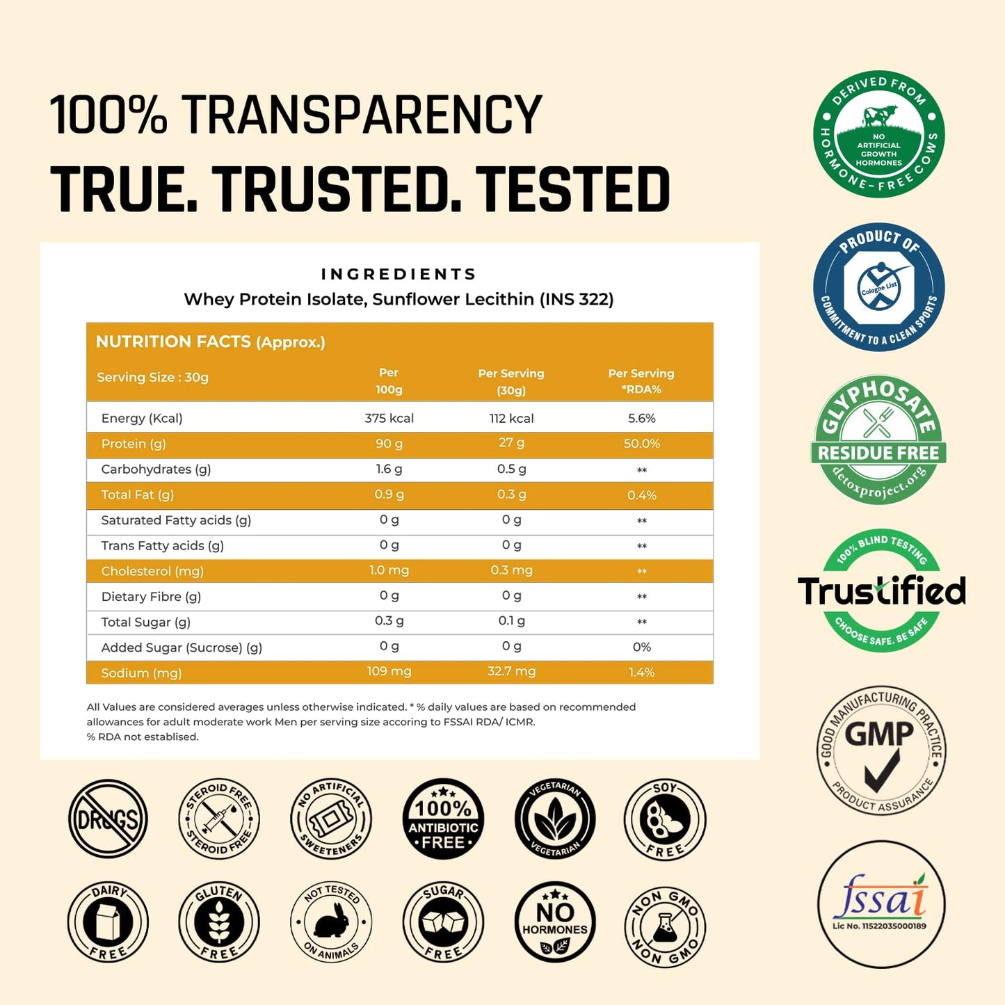 Product label with nutritional information, ingredient list, and various certification logos on a beige background.