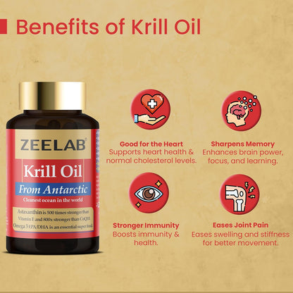 Zeelab Krill Oil supplement bottle with benefits listed on a beige background