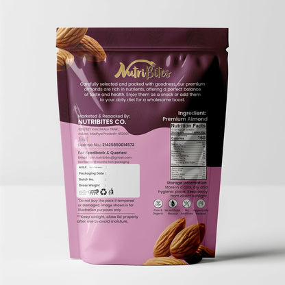 Nutribites Premium Californian Almonds | Badam Giri | High in Fiber & Boost Immunity | Rich in Protein | Whole Badam, Dry Fruits, Healthy Snacks - Pouch