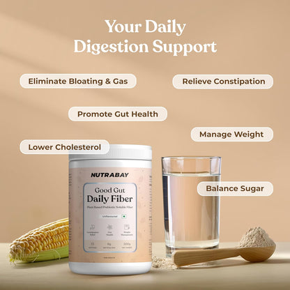 NUTRABAY Good Gut Daily Fiber supplement with a glass of water, corn, and fiber on a wooden spoon on a beige background.