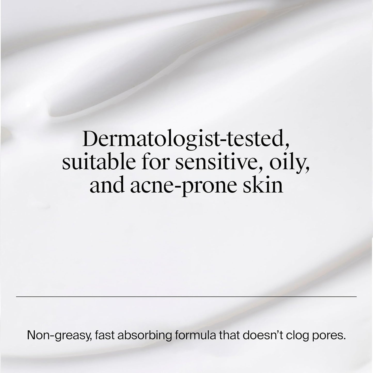 Text on a white background indicating dermatologist-tested suitability for sensitive, oily, and acne-prone skin.