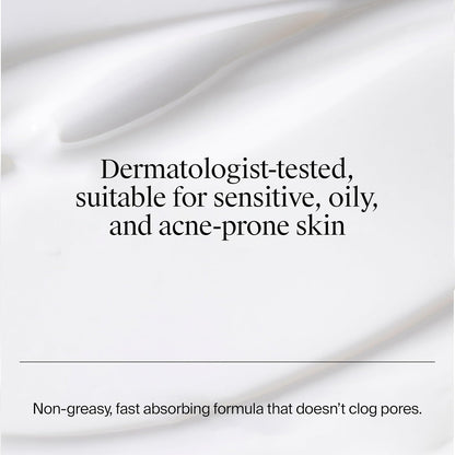 Text on a white background indicating dermatologist-tested suitability for sensitive, oily, and acne-prone skin.
