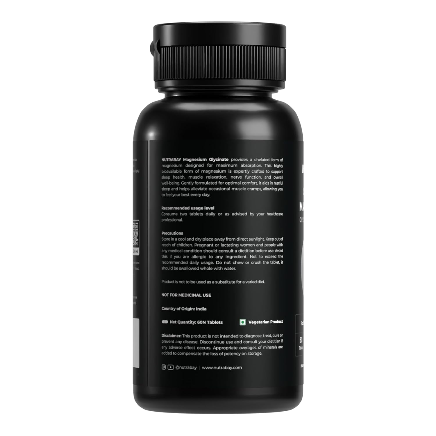 Black supplement bottle with text on a white background