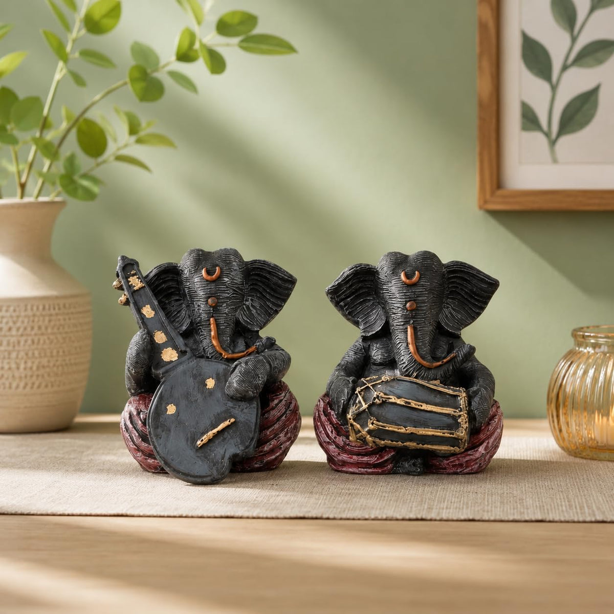 Beautiful Resin Ganesha Statues for Home Decor (Pack of 2, Grey & Red Colour)