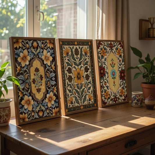 Set of 3 Traditional Floral Wall Art Premium MDF Wooden Color Framed HD UV Printed Decorative Painting for Living Room Bedroom Hallway Home Decor 11 Inch x 14 Inch