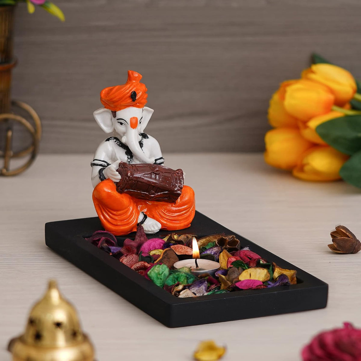 Orange White Resin Lord Ganesha Statue Playing Dholak Showpiece Potpourri Rectangle Tea Light Candle Holder|Ganpati Murti Tea Light Holder Diwali Decoration Item for Home Decor|Diwali Gift