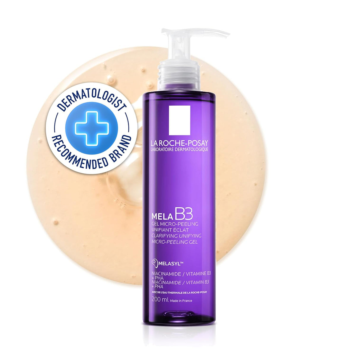 Purple bottle of La Roche-Posay Mela B3 gel with a Dermatologist Recommended Brand badge on a white background.