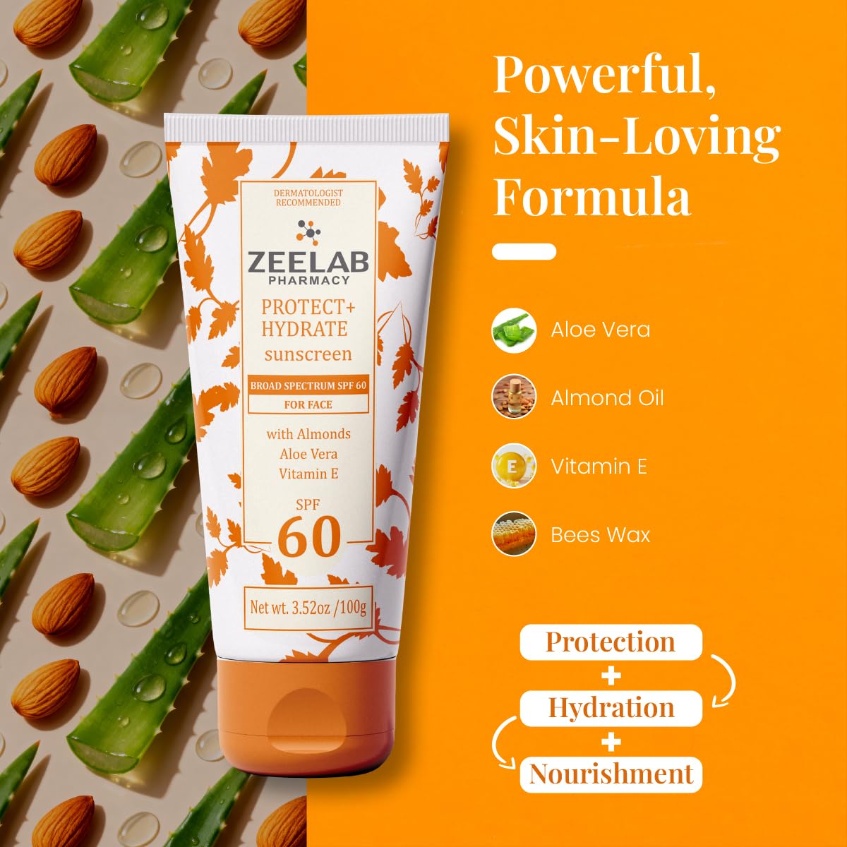 Zeelab sunscreen tube with ingredients and benefits on an orange background