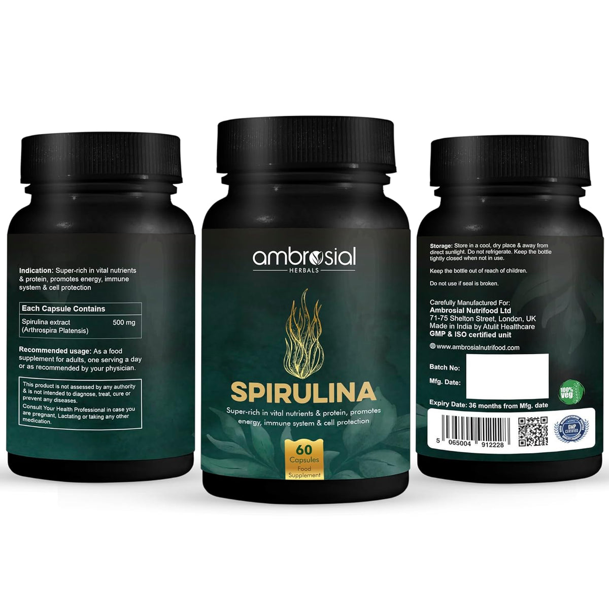 Three black bottles of Ambrosial Spirulina capsules on a white background