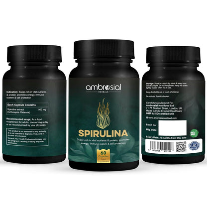 Three black bottles of Ambrosial Spirulina capsules on a white background