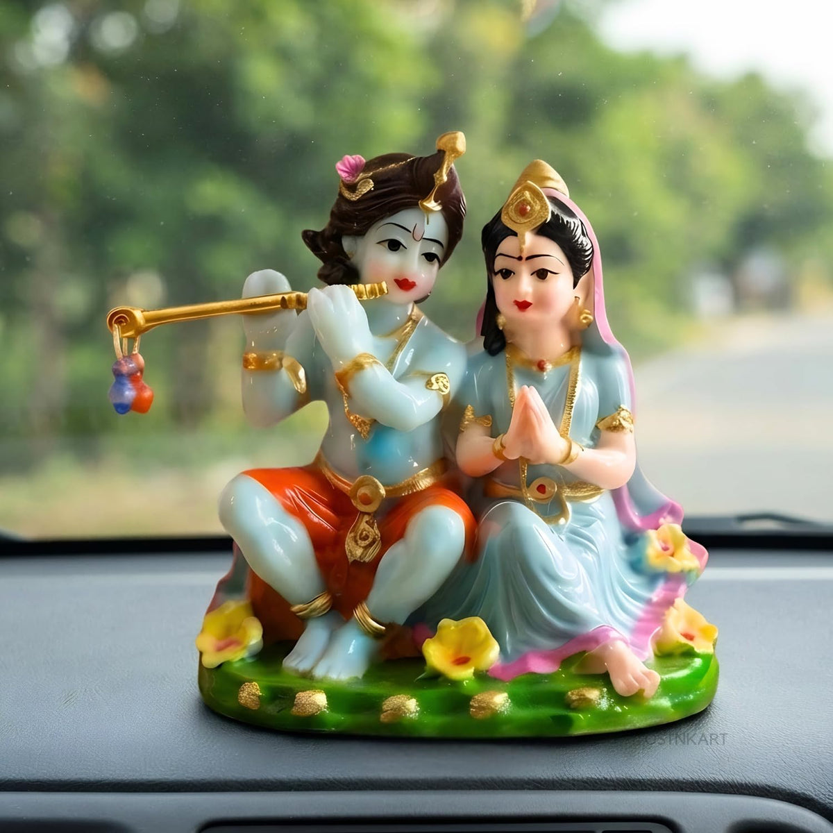 Radha Krishna Idol for Car Dashboard 3.5 Inch Multicolour Polyresin Statue | God Murti for Home Temple, Office Desk & Pooja Room | Spiritual Gift, Decorative Showpiece (8 x 6 x 9 cm)
