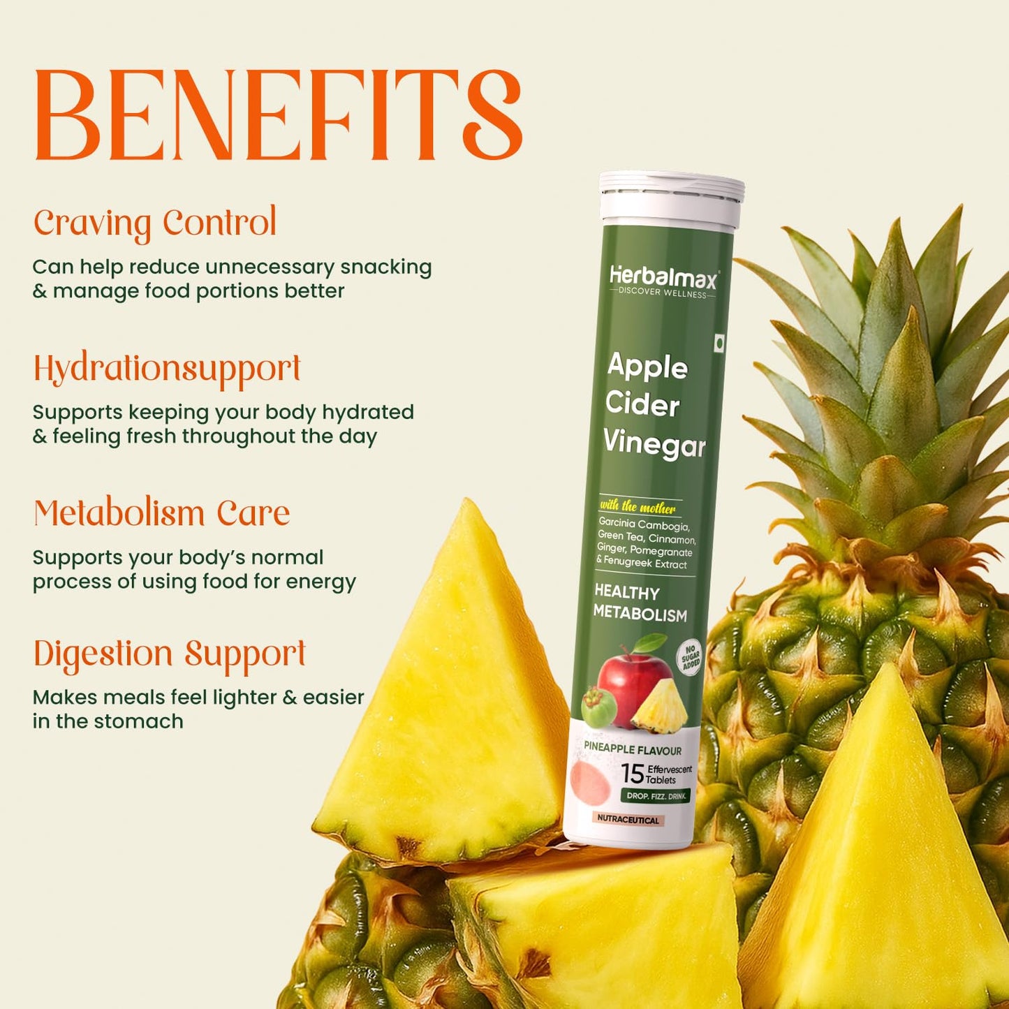 Herbalmax Apple Cider Vinegar tube with pineapples on a beige background, highlighting health benefits.