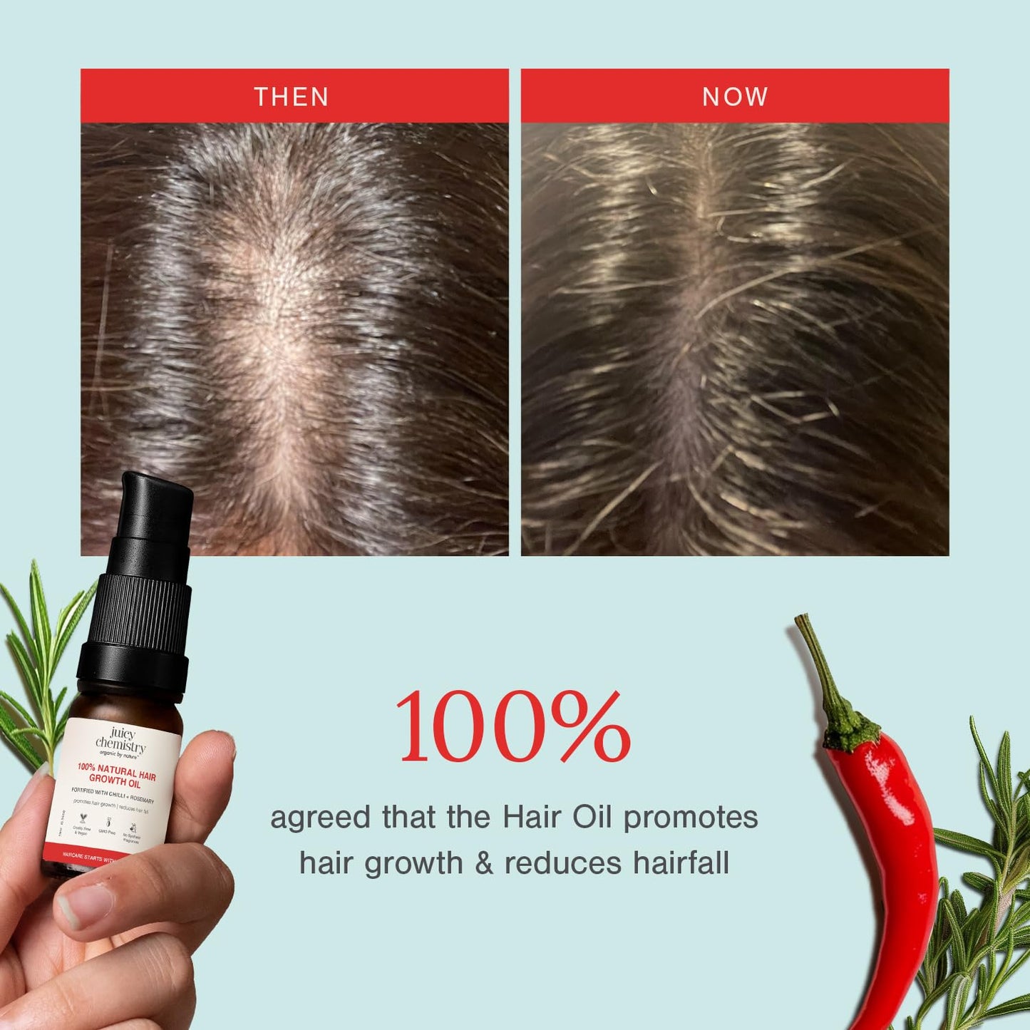 Juicy Chemistry 100% Natural Chilli + Rosemary Hair Growth Oil, 10ml | Promotes Hair Growth | Strengthens & Reduces Hair Fall | Revitalises Scalp & Hair | Improves Hair Texture | Restores Shine | Clinically Proven