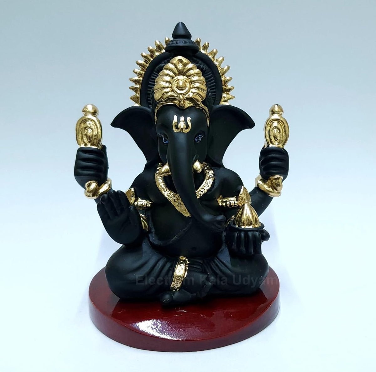 Handcrafted Poly Resin Ganesha Statue with Base - Perfect for Car Dashboard, Office Desk, Shelves, and Home Decor - Ideal Housewarming Gift! (4HandBlackTerracottaMDF)