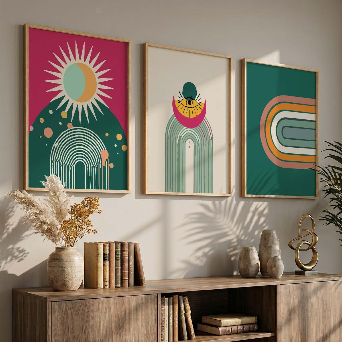 Boho Painting Wall Art Home Decoration Paintings With Frame For Living Room Bed Room Hotel Wall Decor Digital Reprint Set of 3 (13X17 inch)