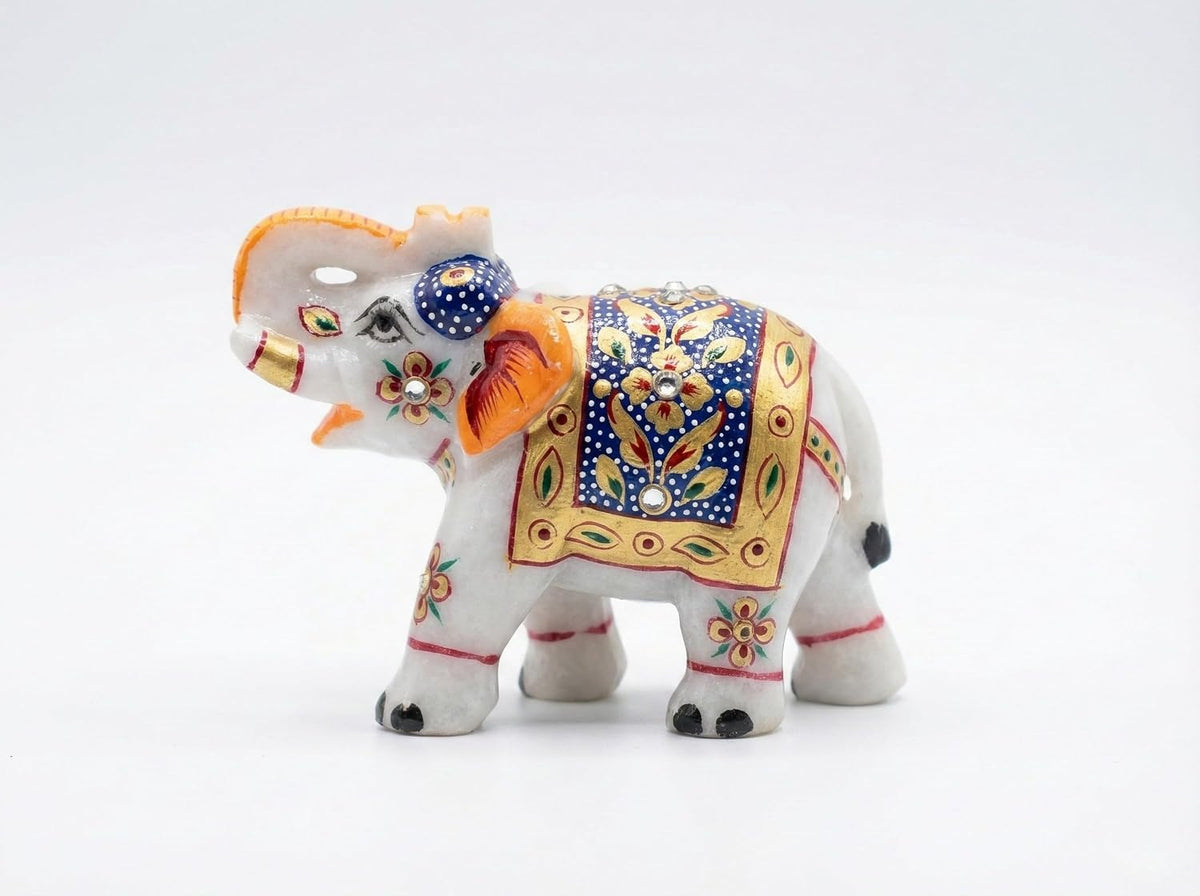 Handcrafted White Marble Elephant Statue with – Trunk Up Elephant Figurine for Vastu, Home Decor, & Mandir – Traditional Rajasthani Handicraft Showpiece - 3"