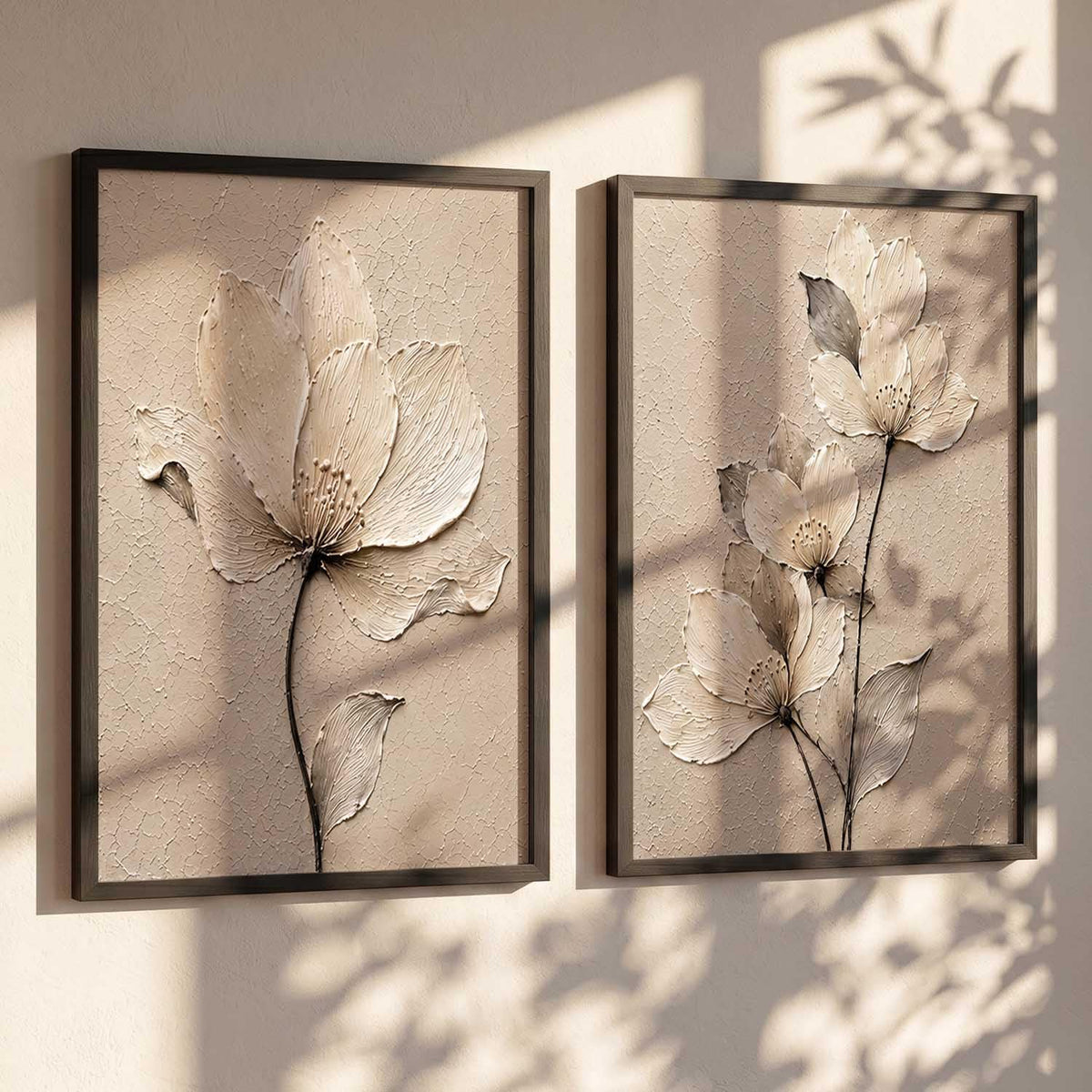2 Piece Framed Wall Art Set, 3D Textured Floral Botanical Painting, Modern Abstract Flower Wall Decor for Living Room Bedroom Dining Room Office, Ready to Hang, Ideal for Housewarming Gift (design 3, 13X19, Black)