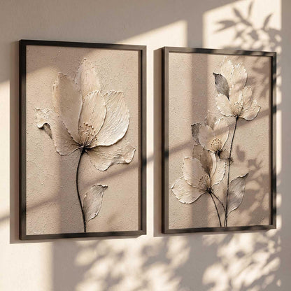 2 Piece Framed Wall Art Set, 3D Textured Floral Botanical Painting, Modern Abstract Flower Wall Decor for Living Room Bedroom Dining Room Office, Ready to Hang, Ideal for Housewarming Gift (design 3, 13X19, Black)