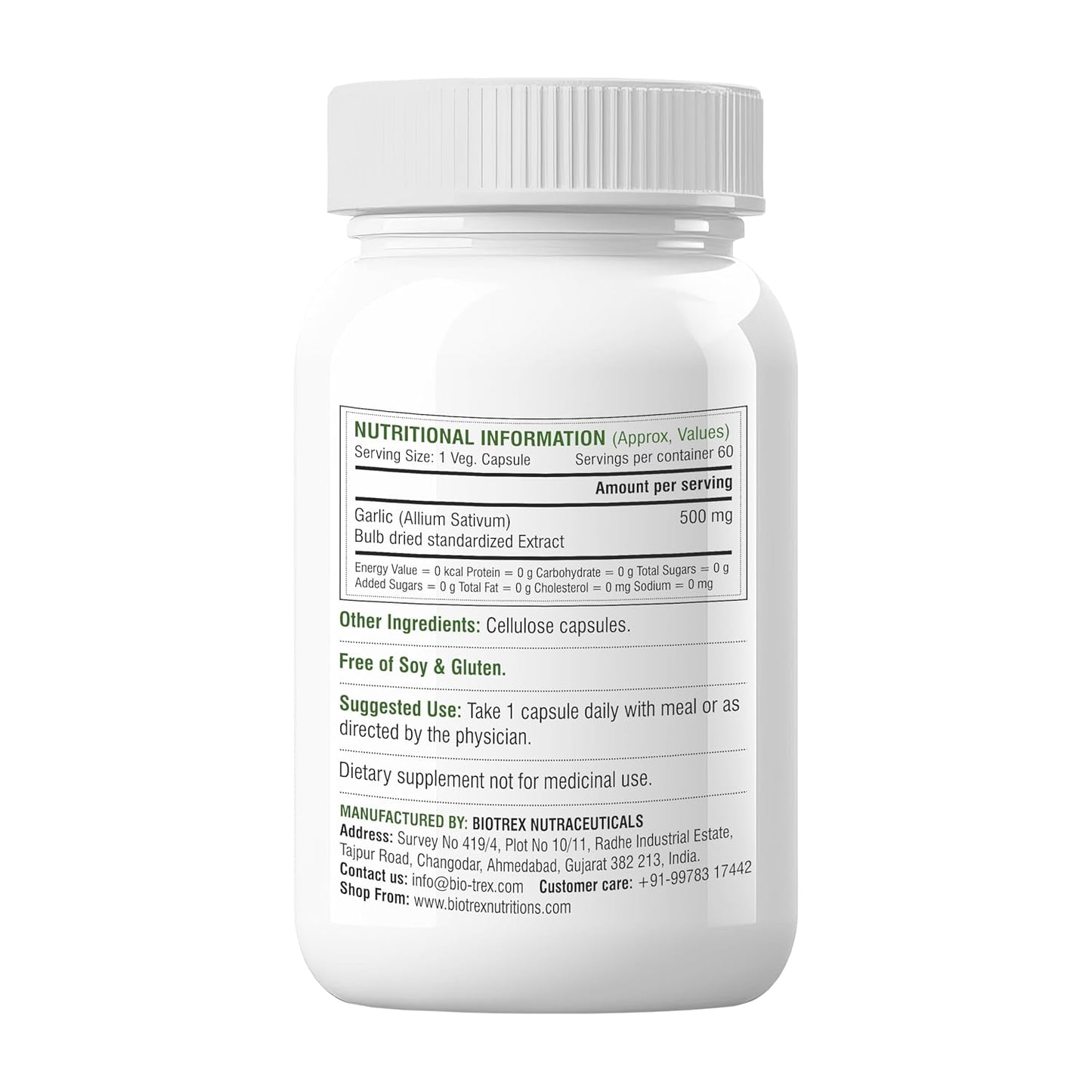 Biotrex Nutraceuticals Garlic 500 mg For Heart health,Cholesterol Management and Weight Loss - 60 Capsules