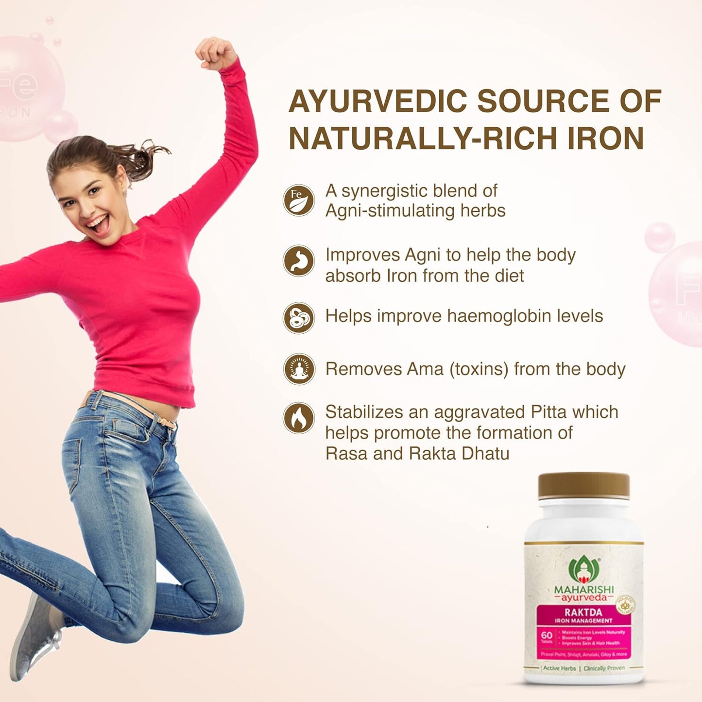 Zephivo Maharishi Ayurveda Raktda Iron Management Tablets For Men&Women | Ayurvedic Iron Supplement With Vitamin C&Calcium | Maintains Haemoglobin Levels | Boosts Energy | Improves Skin&Hair Health | 60 Tablets
