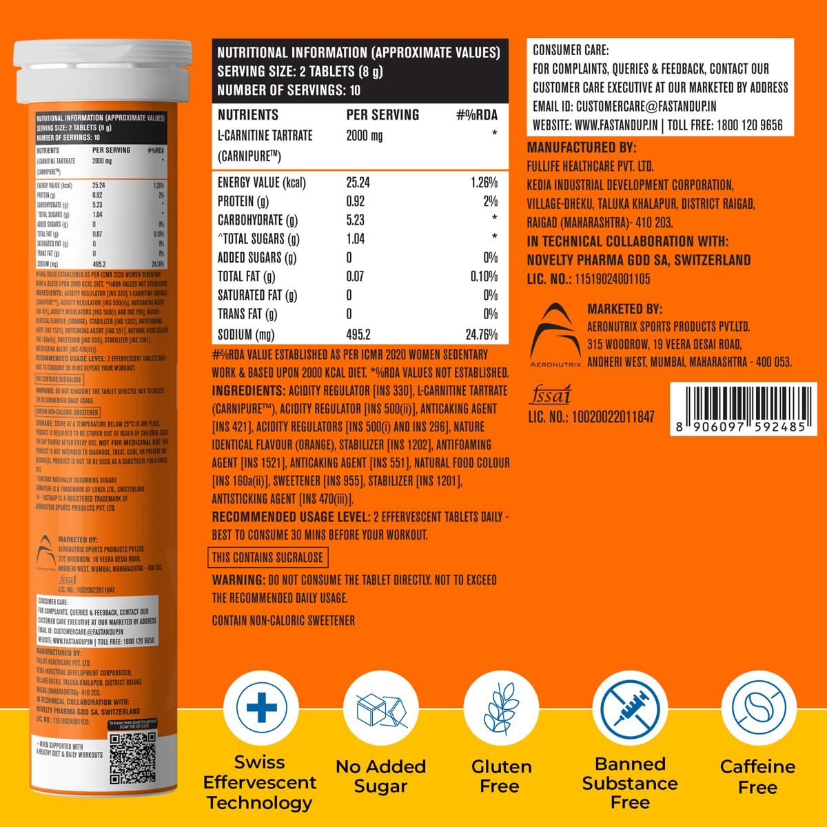 FAST&UP L-Carnitine 2000Mg Effervescent Tablets|Premium Carnipure® Carnitine Supplement|Helps Convert Fat Into Energy, Supports Weight Loss, Fat Burn & Lean Muscle|Orange Flavour, 20 Tabs (Pack of 1)