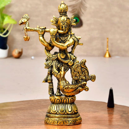 Lord Krishna Idol Statue Krishna Idols Gold Plated Flute Playing Krishana Decorative Showpiece Figurine for Pooja Room Living Room Mandir Office & Gift Krishna Murti for Home Decor