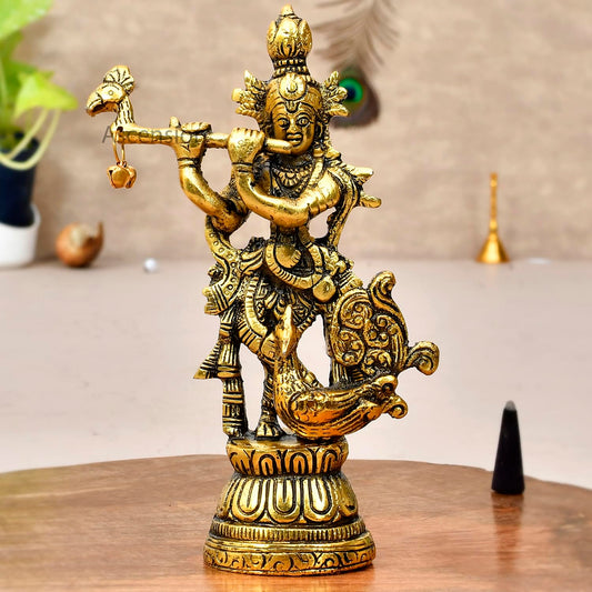 Lord Krishna Idol Statue Krishna Idols Gold Plated Flute Playing Krishana Decorative Showpiece Figurine for Pooja Room Living Room Mandir Office & Gift Krishna Murti for Home Decor