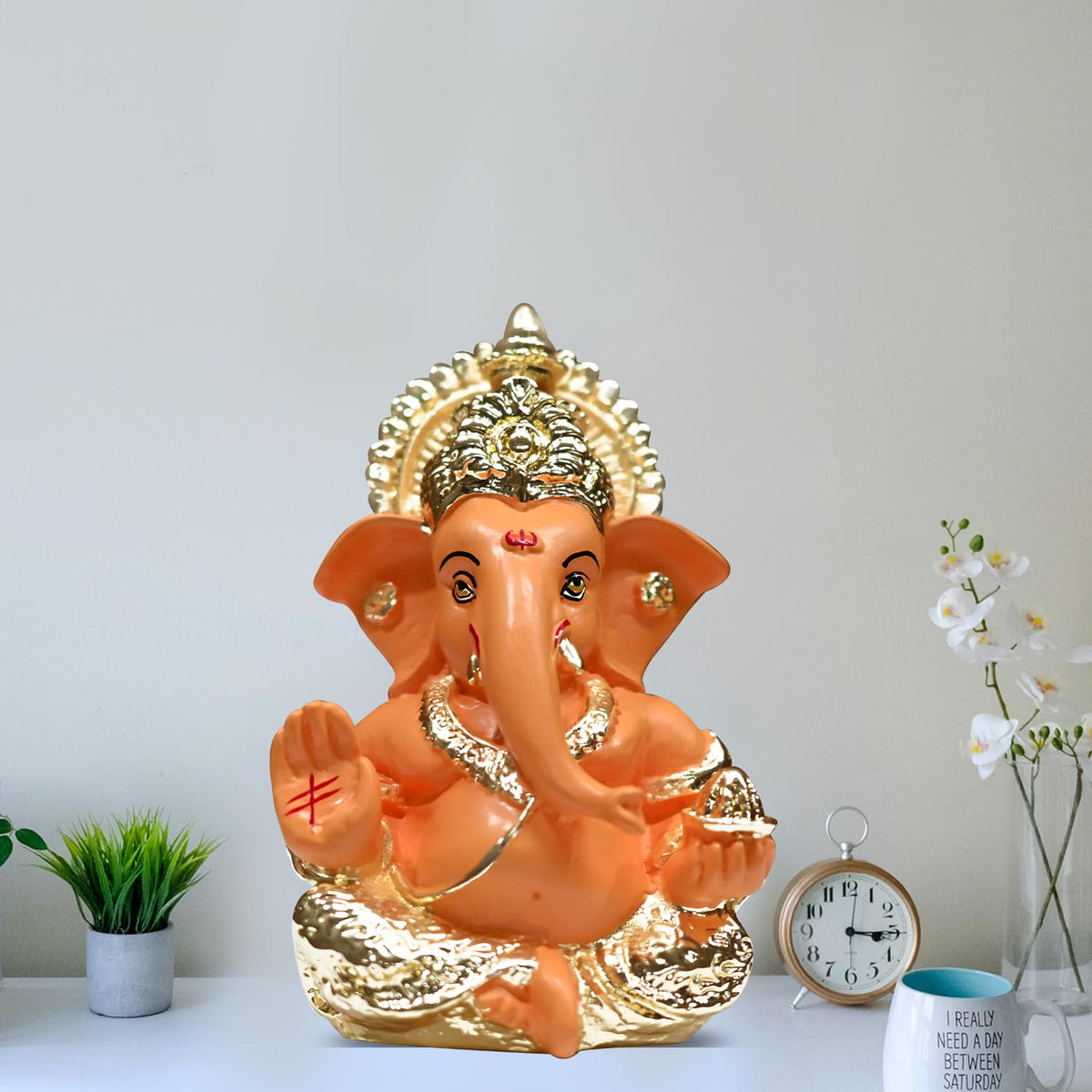 Gold Plated Ganesha Idol with Mango Terracotta Work - 3.5 Inch Height for Home Decor/Office Desk/Puja Room Sculpture, Infusing Positive Energy & Religious Gift (8.89 x 5.08 cm)(Mango Yellow)