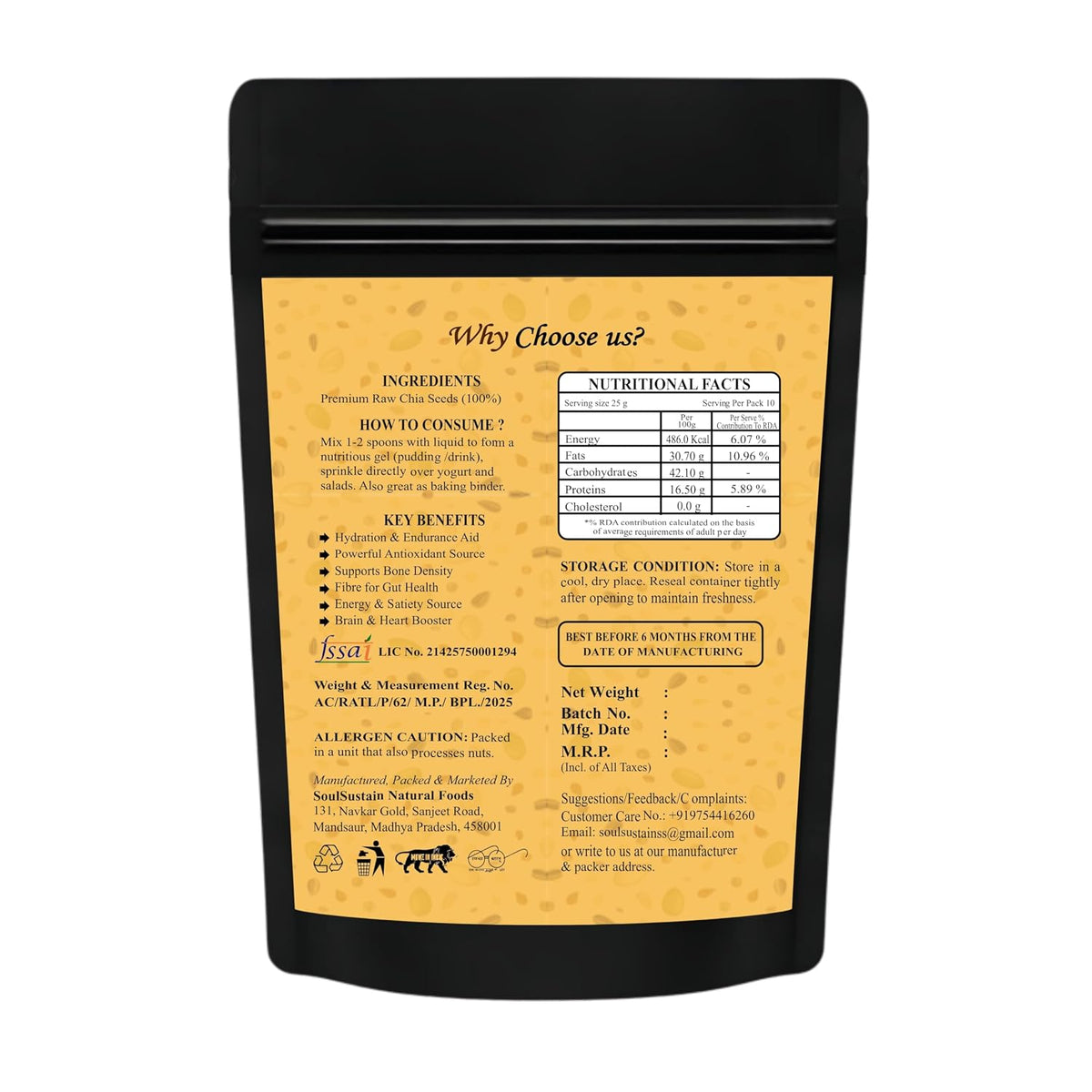 Chia Seeds Raw Superfood Omega‑3 ALA Rich, High Fiber Nutrition, Plant Protein Boost, Gut Health Support, Diet Friendly, Smoothies & Puddings, Baking & Meal Toppers, Seeds for Daily Use