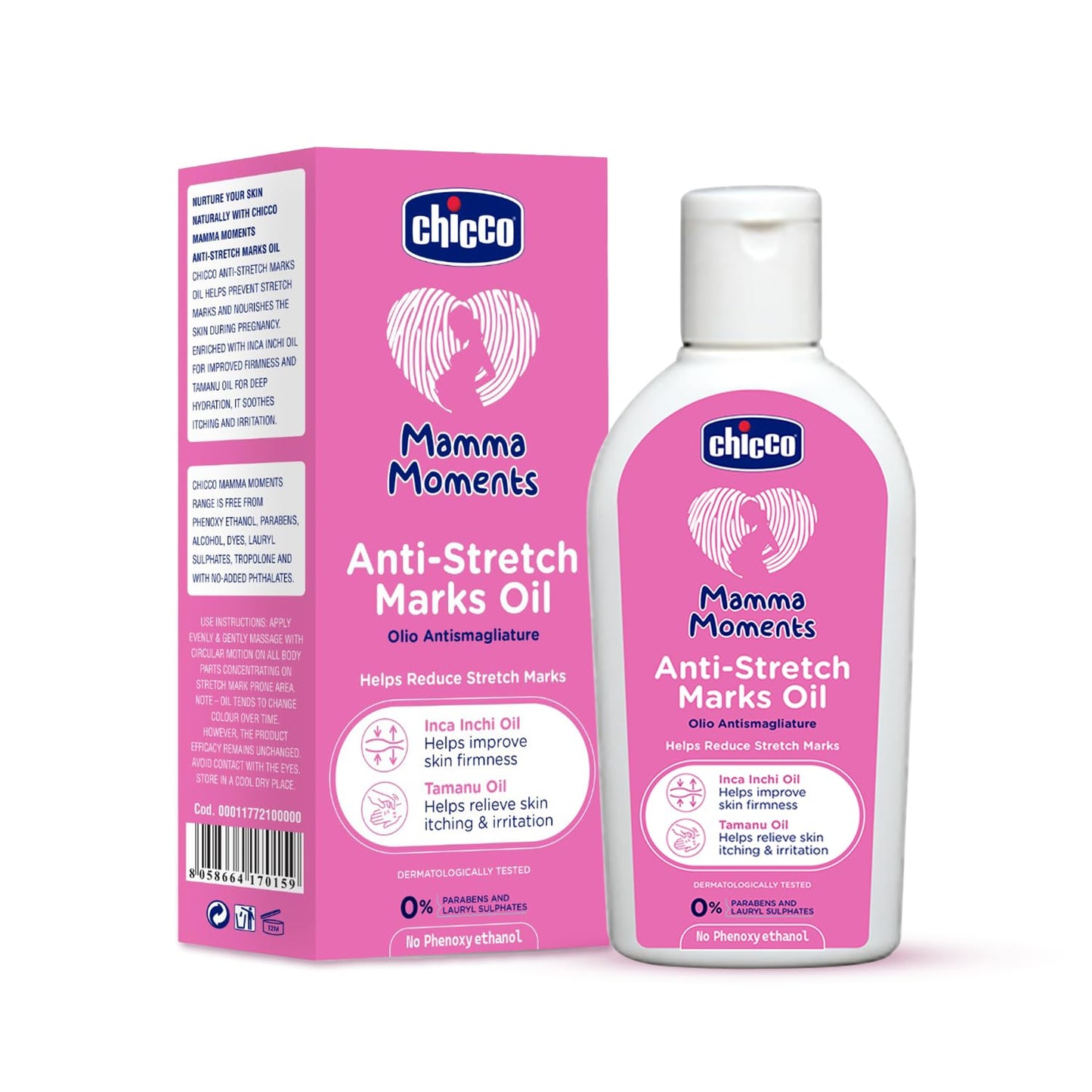 Chicco Mamma Moments Anti-Stretch Marks Oil 100ml | Helps Reduce Stretch Marks | Improve Skin Firmness | No Phenoxyethanol | Dermatologically Tested
