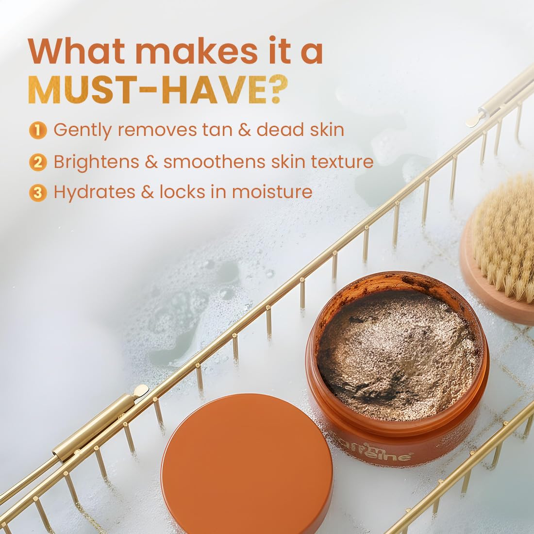 Skincare product with text highlighting its benefits on a blurred background