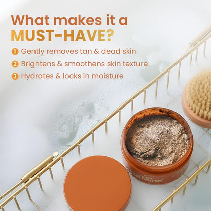 Skincare product with text highlighting its benefits on a blurred background
