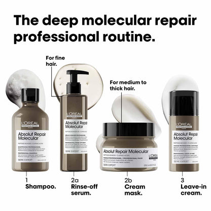 L'Oreal Serie Expert hair care products for deep molecular repair with text labels.
