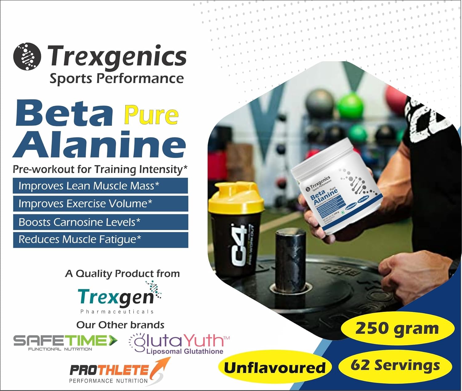 Advertisement for Trexgenics Beta Pure Alanine supplement with product packaging and text on a white background.