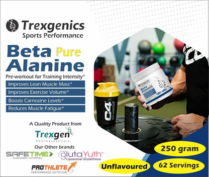 Advertisement for Trexgenics Beta Pure Alanine supplement with product packaging and text on a white background.