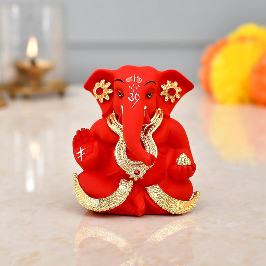 Ganesh Idol Murti Statue for Car Dashboard Gift Ceramic Terracotta Gold Plated Ganesha Ganpati Idols Showpiece Figurine for Home Pooja Room Diwali Decoration. (Red Color)