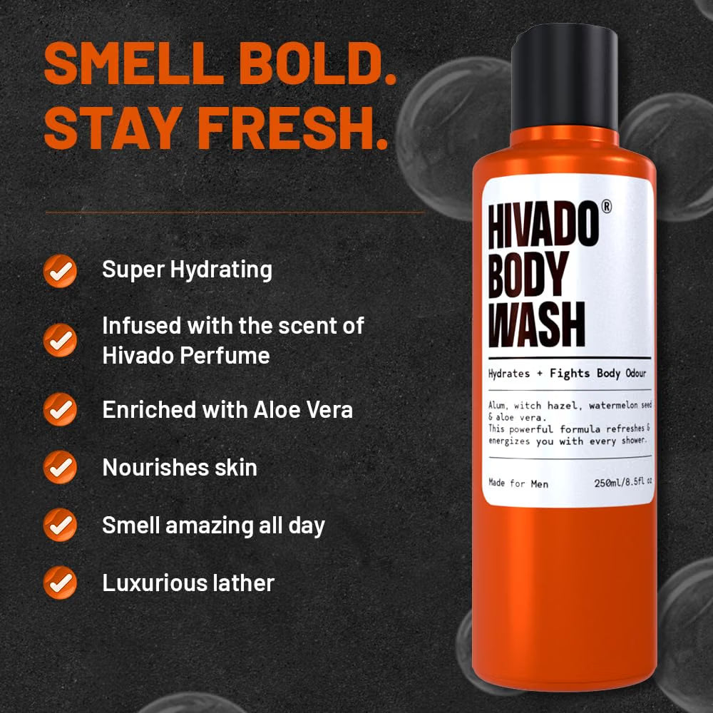 HIVADO Men’s Body Wash - 250ml | Deep Cleansing Shower Gel with Aloe Vera & Alum | De-Tan Formula | Odour Control & Sweat Protection | Sulfate-Free | Fresh Long-Lasting Fragrance