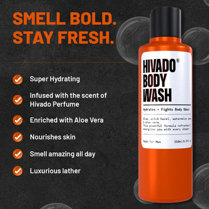 HIVADO Men’s Body Wash - 250ml | Deep Cleansing Shower Gel with Aloe Vera & Alum | De-Tan Formula | Odour Control & Sweat Protection | Sulfate-Free | Fresh Long-Lasting Fragrance