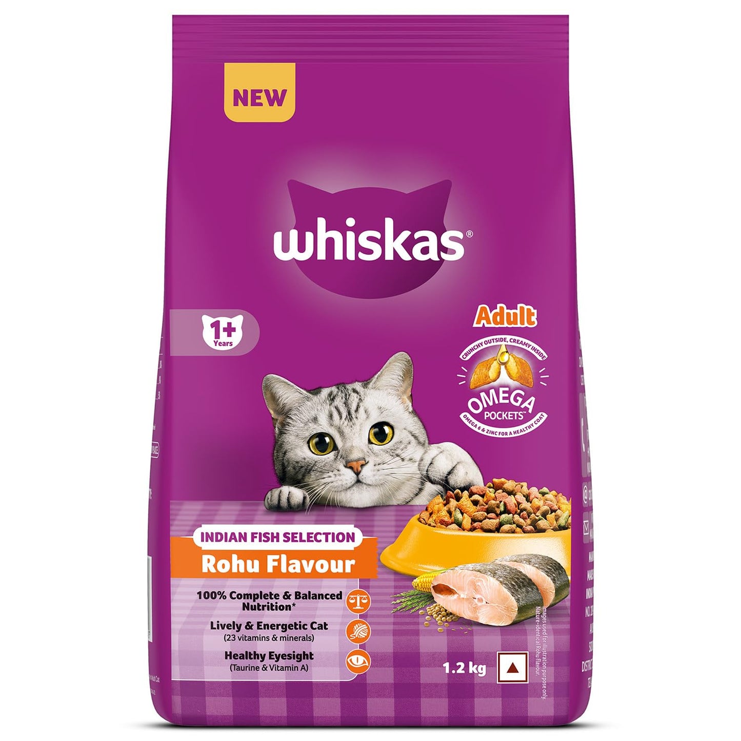 Whiskas Adult (1+ Years) Dry Cat Food, Rohu Fish Flavour, 1.2 kg, Powered with 40 Essential Nutrients, Complete & Balanced Nutrition for Adult Cats