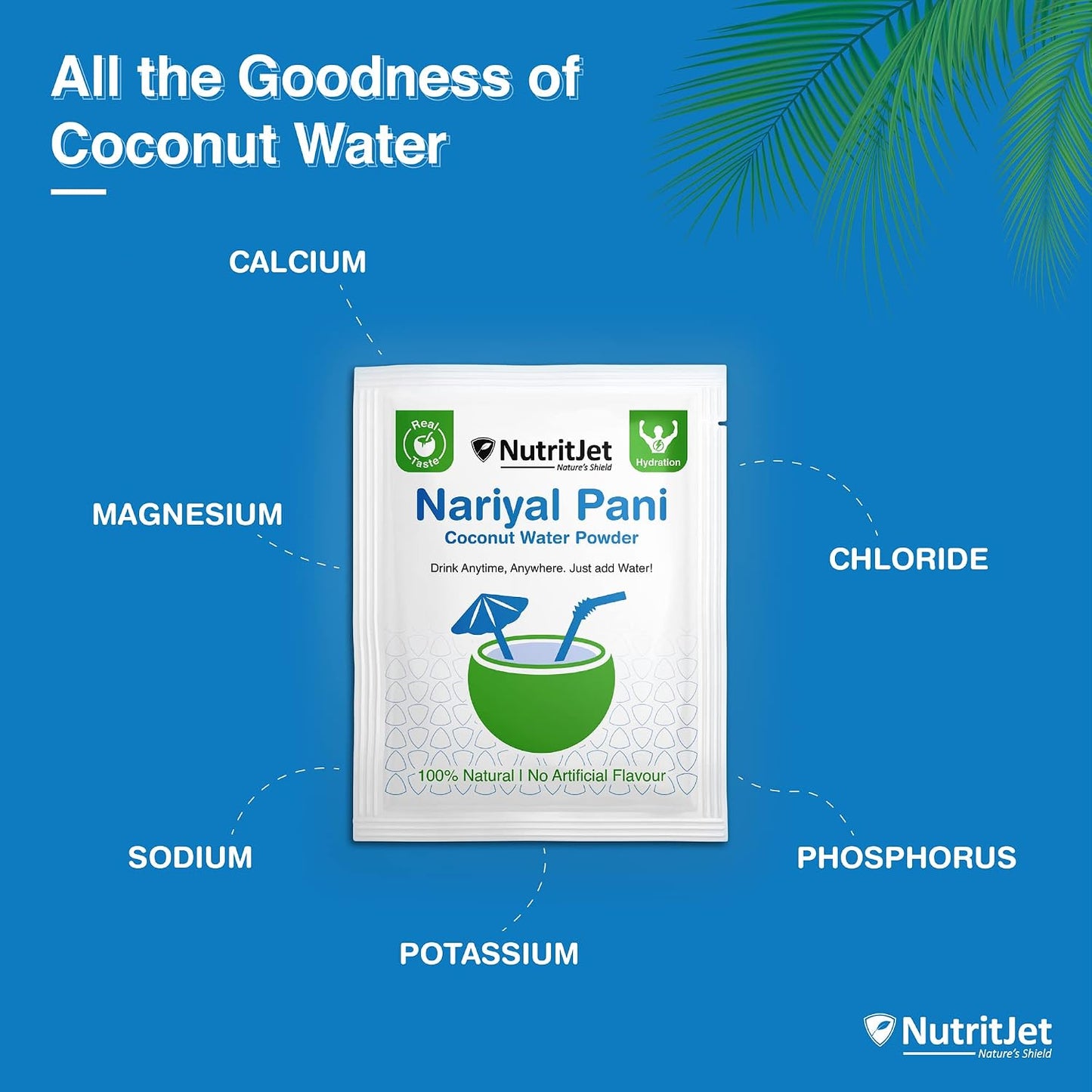 NutritJet Natural Coconut Water Powder [Pack of 50 sachets] for Hydration and Energy Natural Tender Coconut Water Powder
